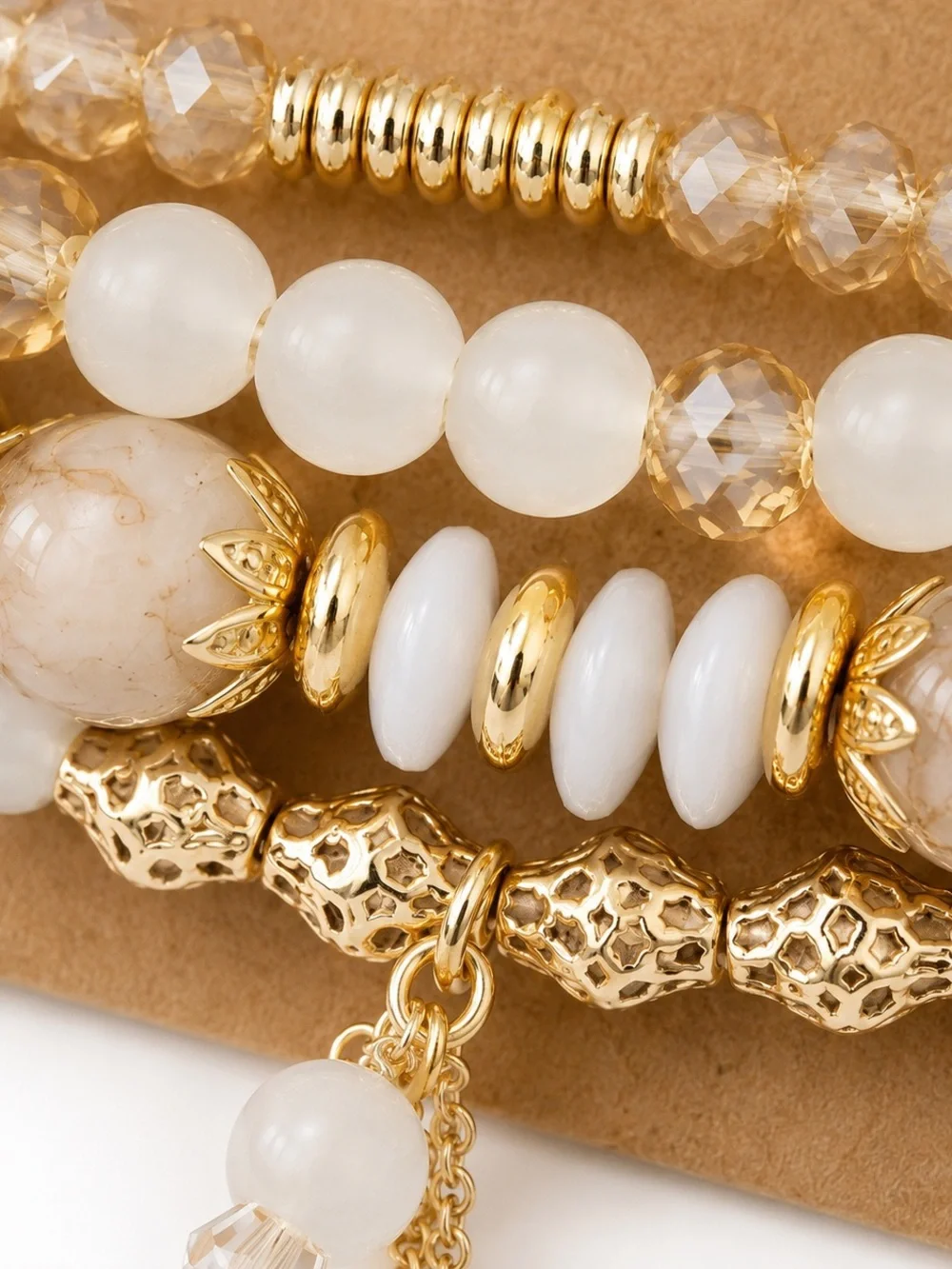 White Beaded Bracelet Stack Gold Tone Crystal Charm Boho Stretch Boutique Set